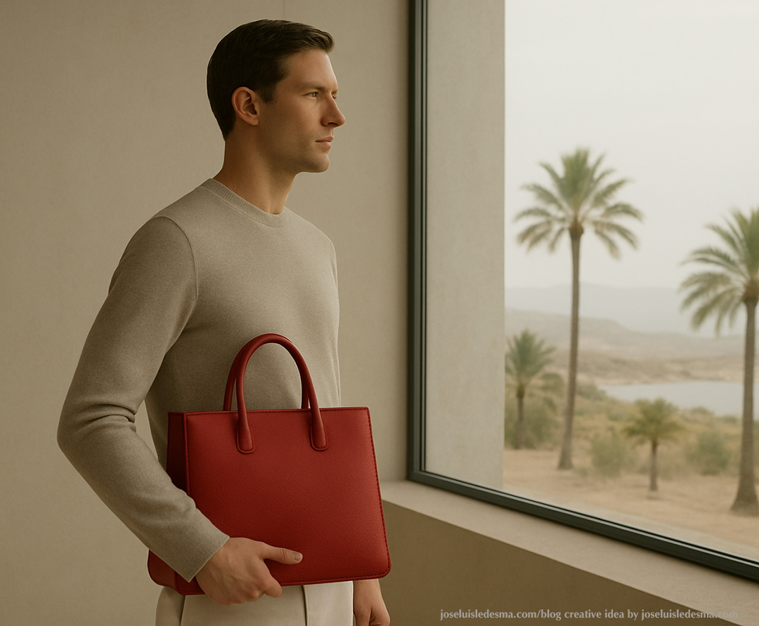 Luxury minimalist editorial photography with neutral tones and a bold red accent, blending fashion, decoration, and exotic landscapes. Inspired by Visual Merchandising and Window Display Design by joseluisledesma.com.