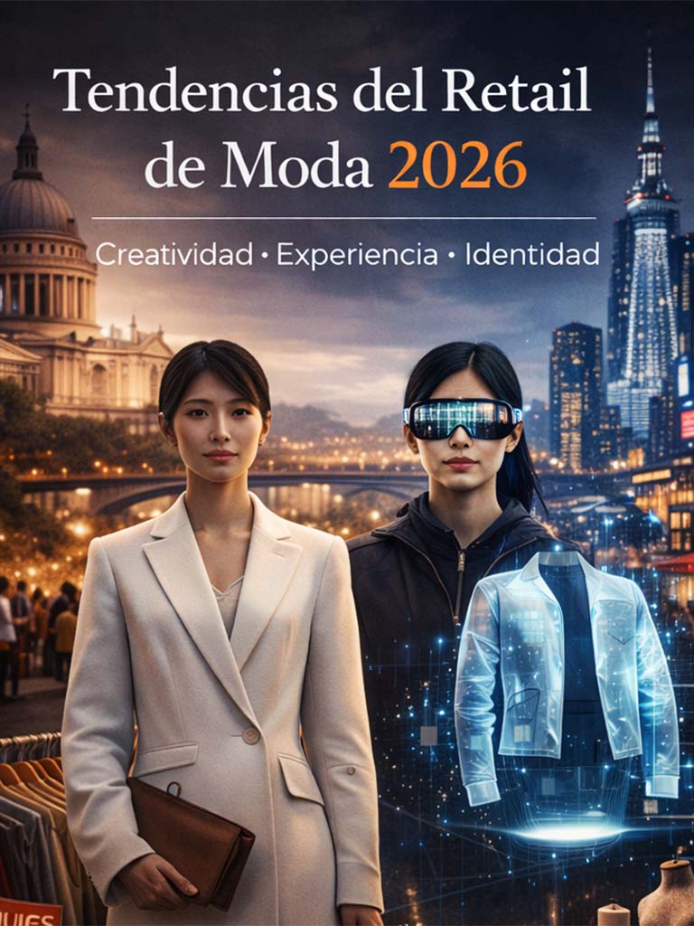 “Tendencias de retail de moda 2026, composición digital con paisajes urbanos europeos y asiáticos, mostrando mujeres que representan artesanía, precio bajo, innovación tecnológica y moda local sostenible.”